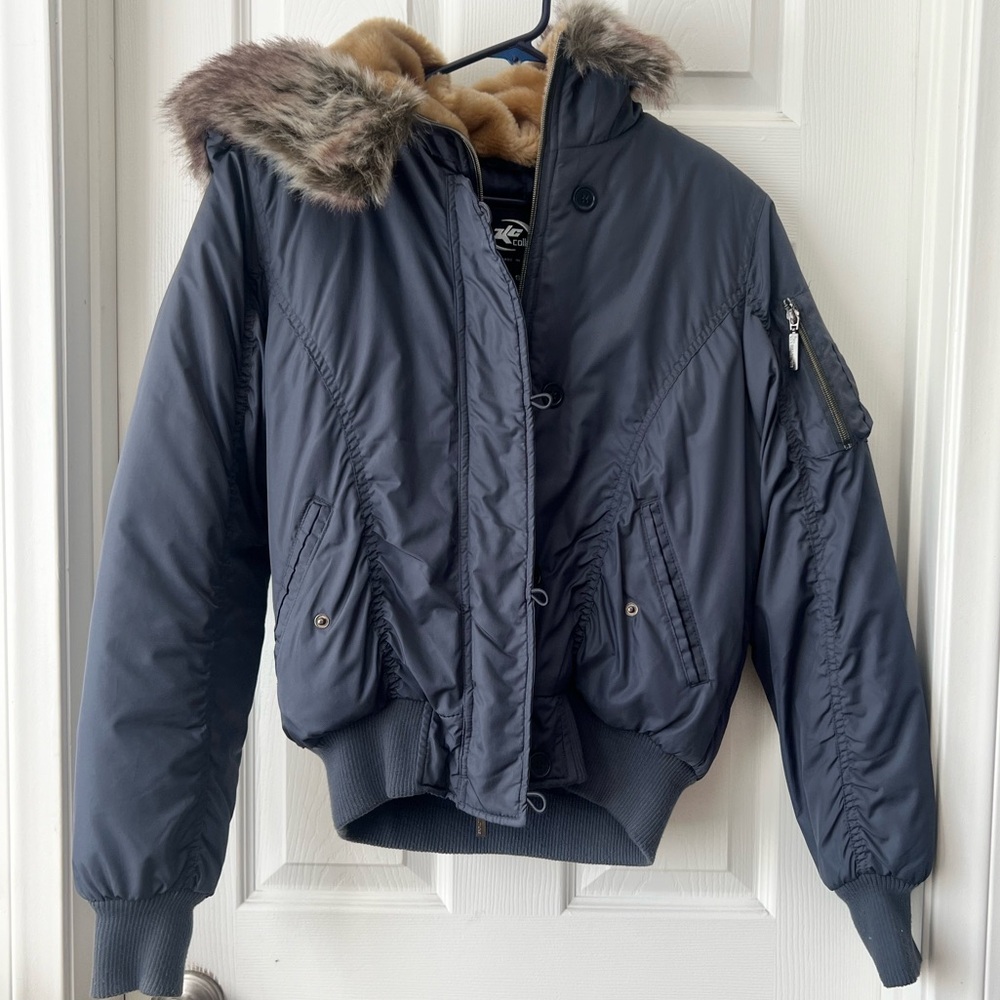 Charcoal puffer jacket with faux fur hood lining size S